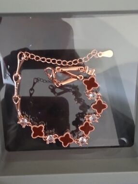 Elegant Rose Gold Clover Link Bracelet with Red Enamel